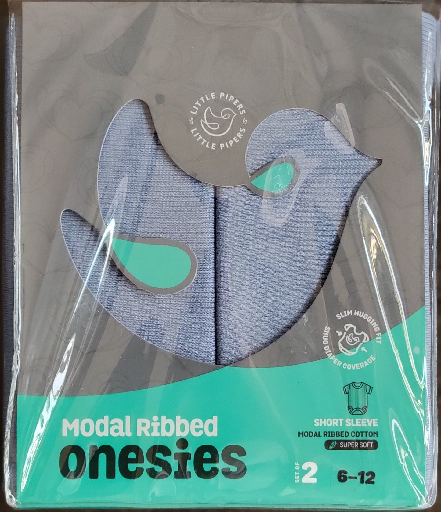 Little Pipers Short Sleeve Modal Ribbed Onesies (Set of 2) 6-12 Months/Blue