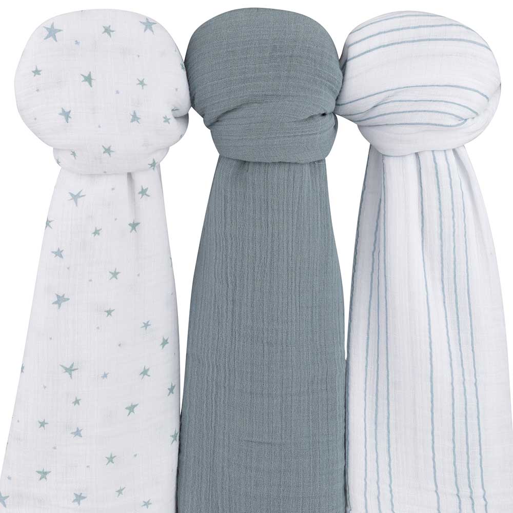 Ely's & Co 3 Pack Cotton Muslin Swaddle Blanket - Blue star