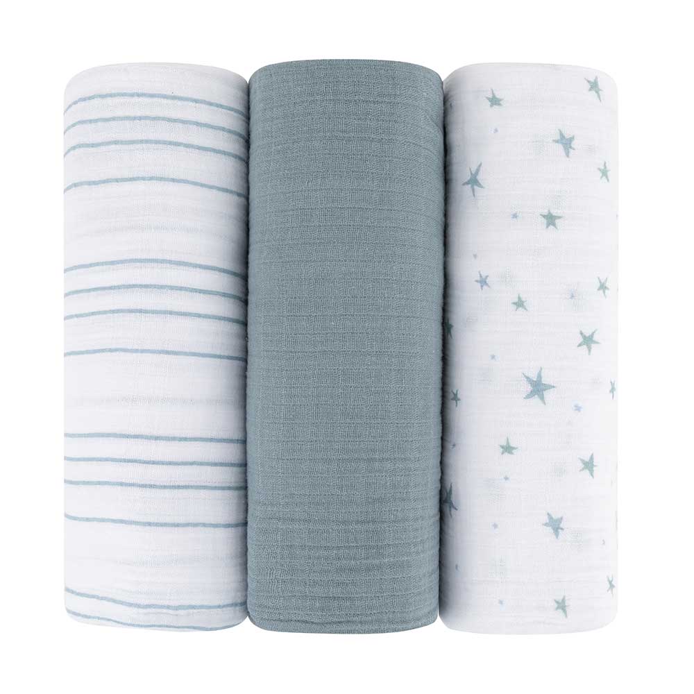 Ely's & Co 3 Pack Cotton Muslin Swaddle Blanket - Blue star