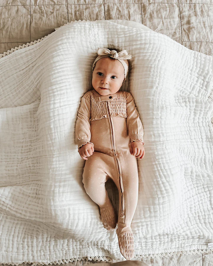 Organic Smocked Zipper Footie in Oatmeal Dots