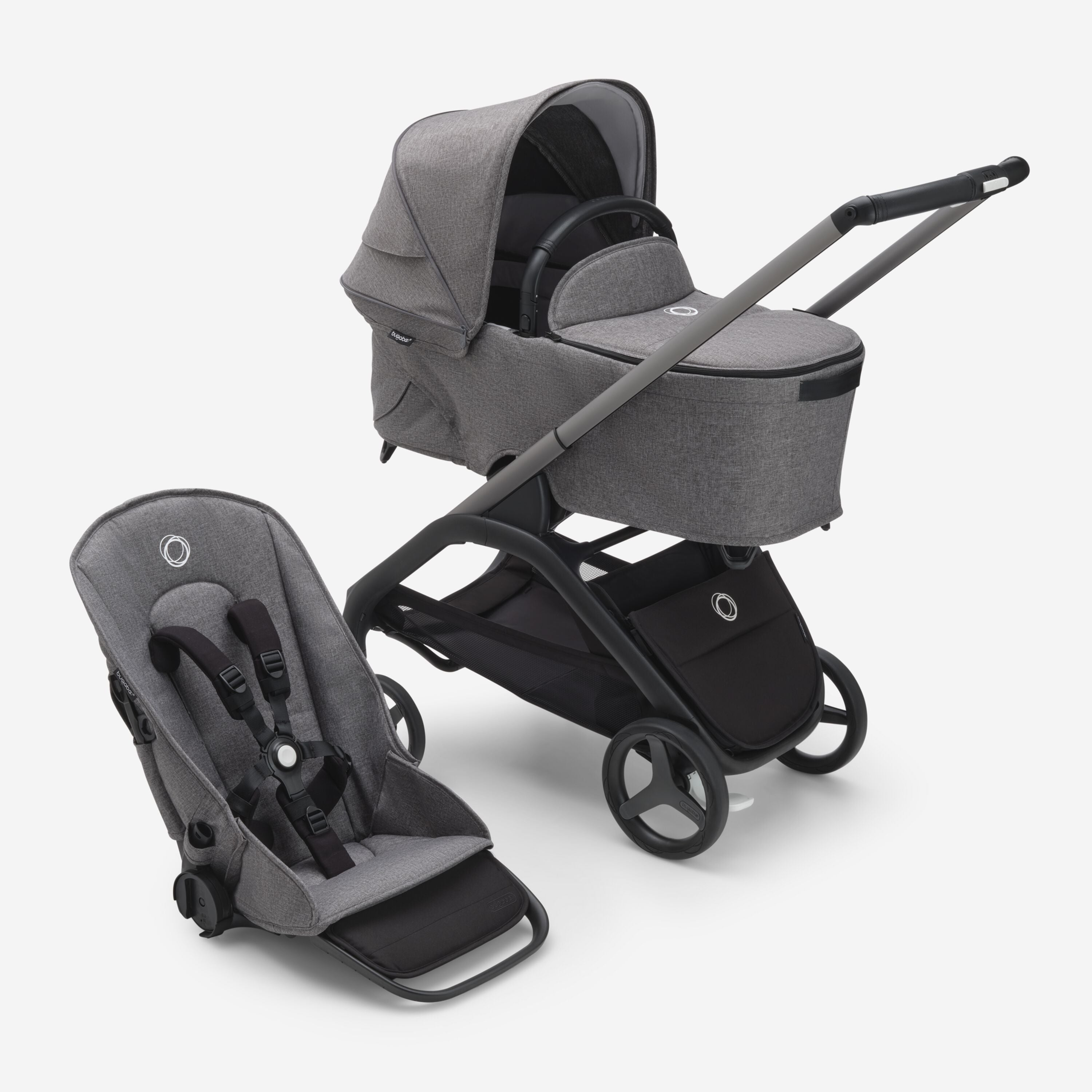 Bugaboo Kinderwagen Bugaboo Cameleon Fabric Set Grey Melange Bugaboo  Dragonfly Seat Bassinet Complete Stroller Graphite/Grey Melange