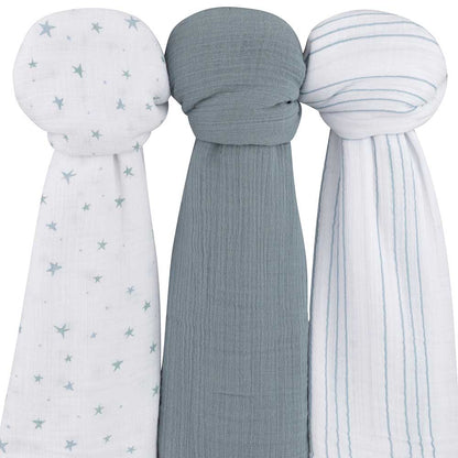 Ely's & Co 3 Pack Cotton Muslin Swaddle Blanket - Blue star