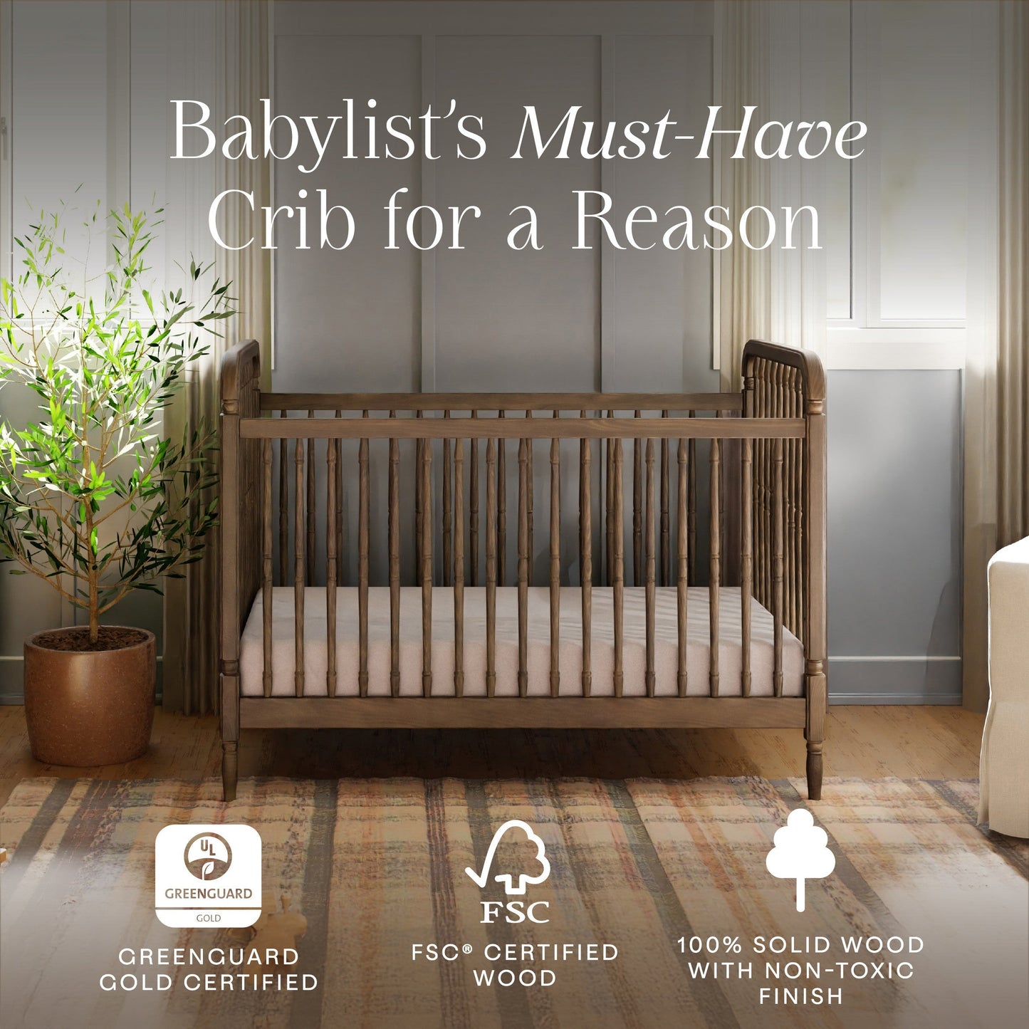 Namesake Liberty 3-in-1 Convertible Spindle Crib with Toddler Bed Conversion Kit