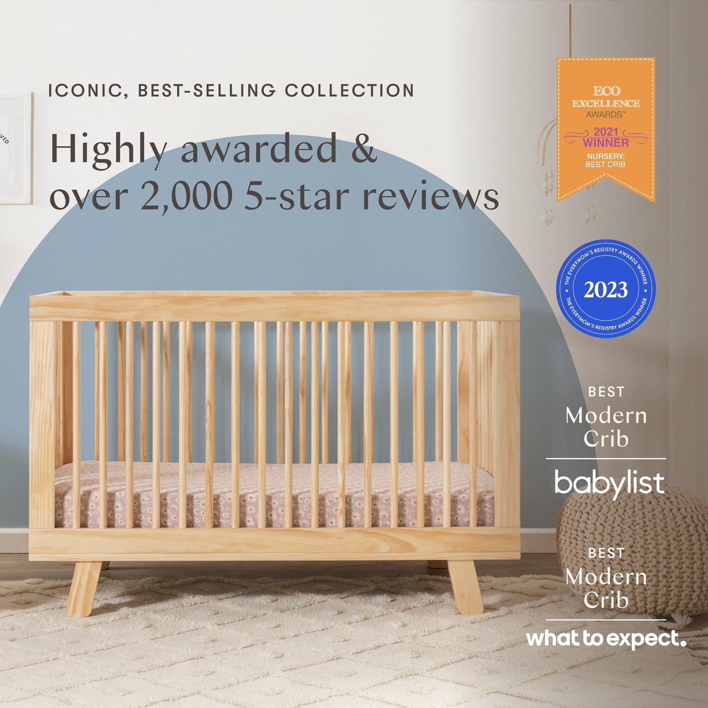 Babyletto Hudson 3-in-1 Convertible Crib with Toddler Bed Conversion Kit